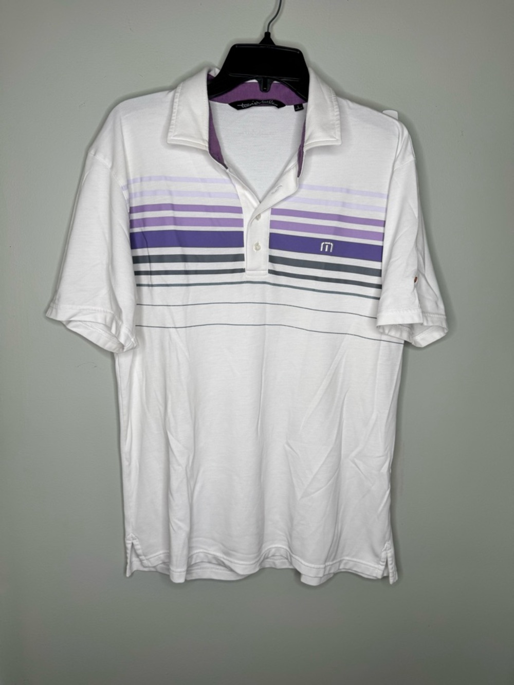 Travis Mathew Men’s White Purple Striped Golf Polo Shirt Embroidered Feather - L